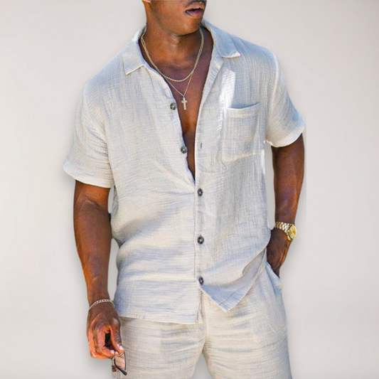 Conjunto de lino de dos piezas para hombre con camisa y pantalón, ligero y transpirable para verano o vacaciones