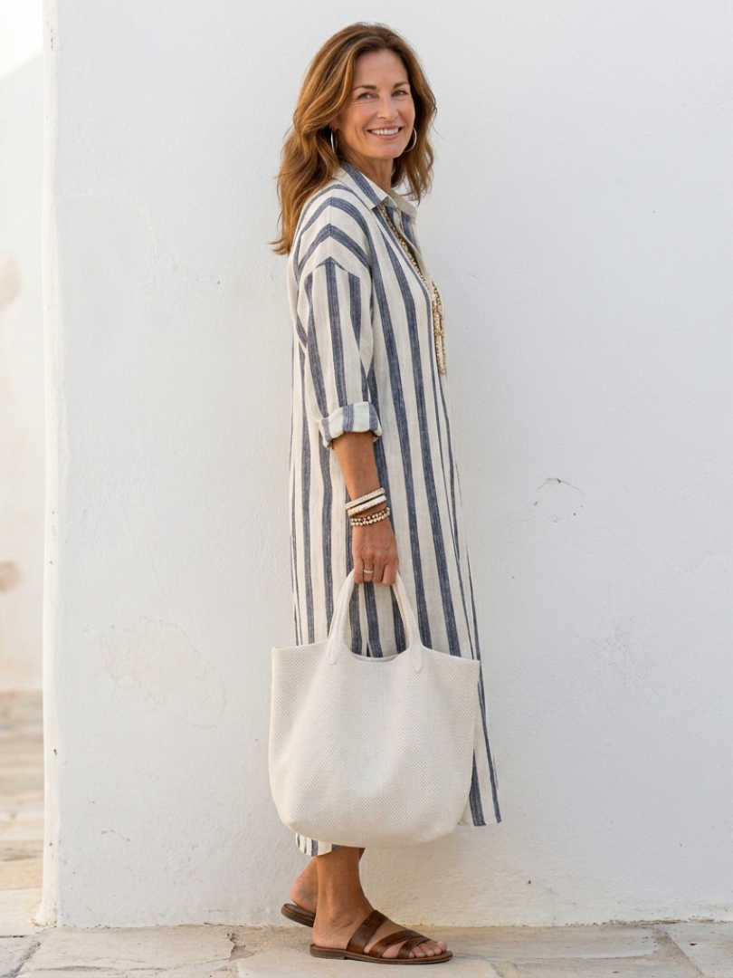 Vestido camisa manga larga de rayas en Azul y Rojo - fresco y elegante