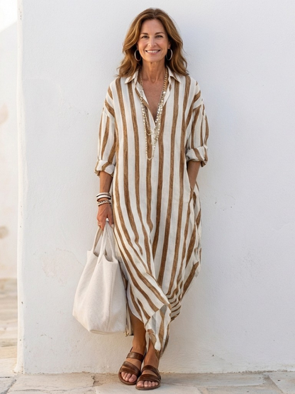 Vestido camisa manga larga de rayas en Azul y Rojo - fresco y elegante