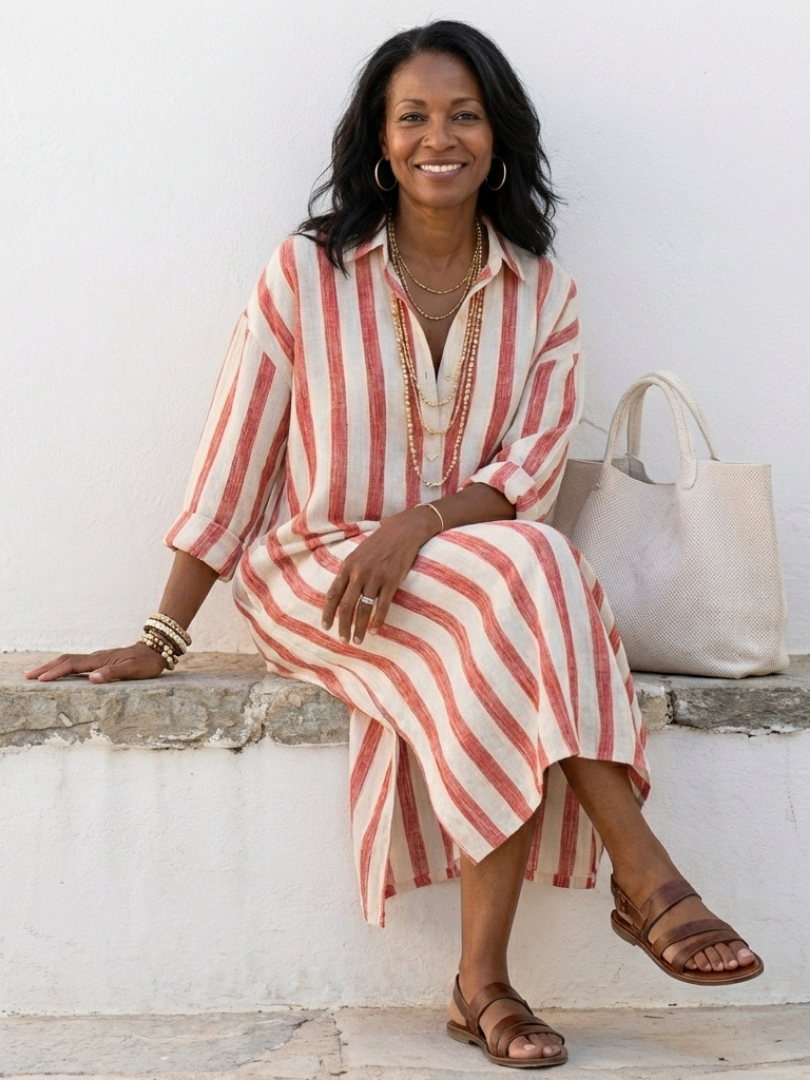 Vestido camisa manga larga de rayas en Azul y Rojo - fresco y elegante