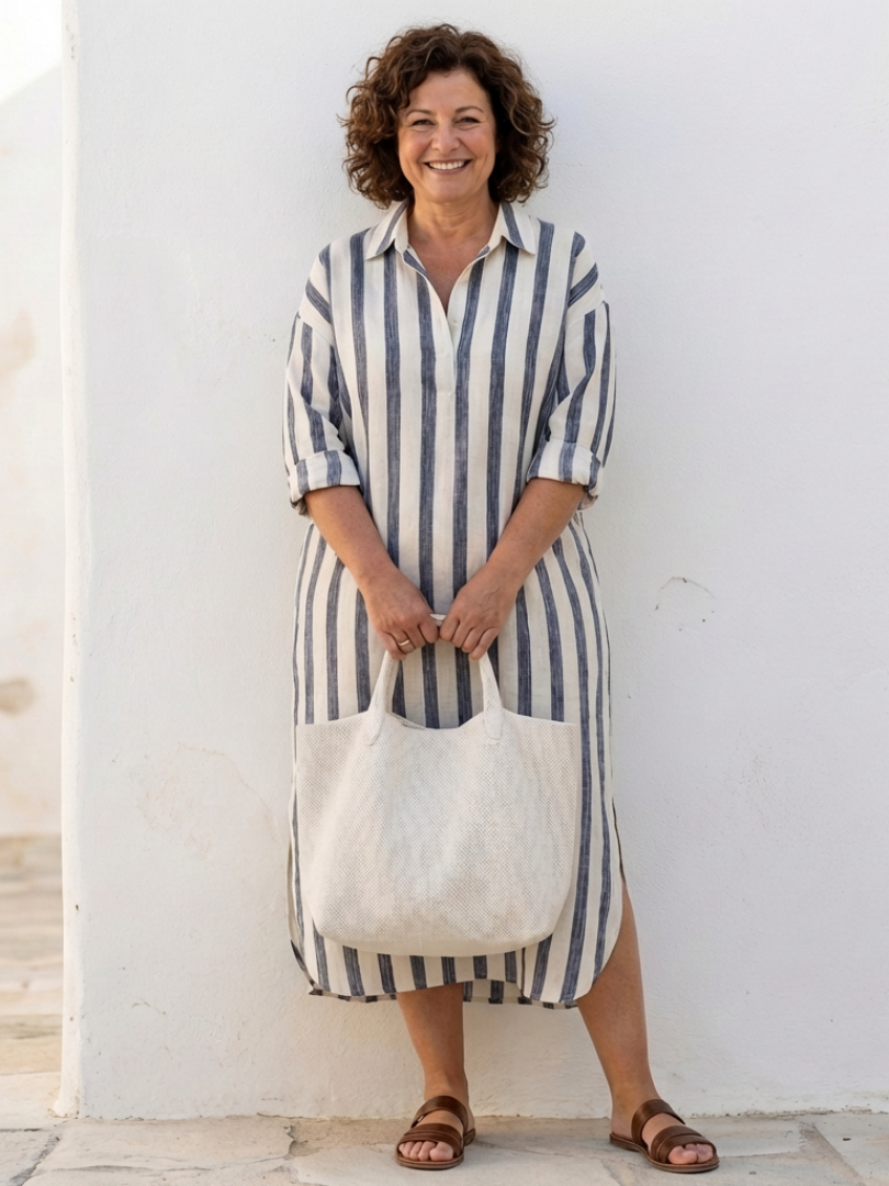 Vestido camisa manga larga de rayas en Azul y Rojo - fresco y elegante
