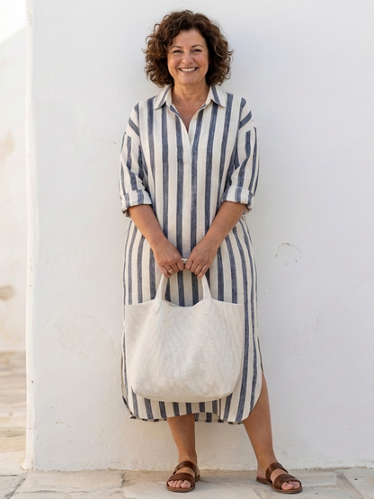 Vestido camisa manga larga de rayas en Azul y Rojo - fresco y elegante