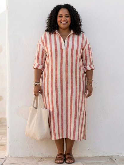 Vestido camisa manga larga de rayas en Azul y Rojo - fresco y elegante