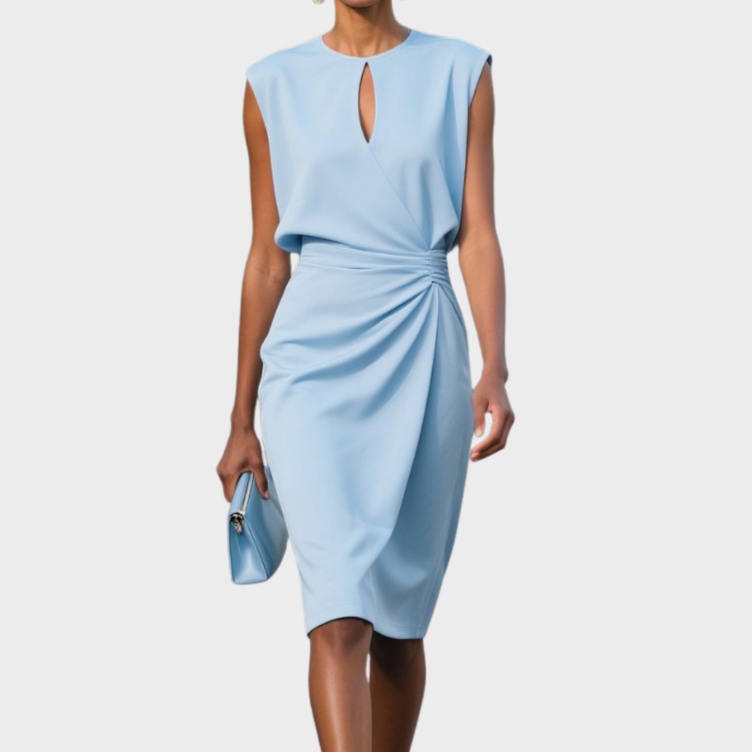 Vestido midi elegante con escote lágrima y drapeado lateral para mujer, cómodo y sofisticado para oficina o evento