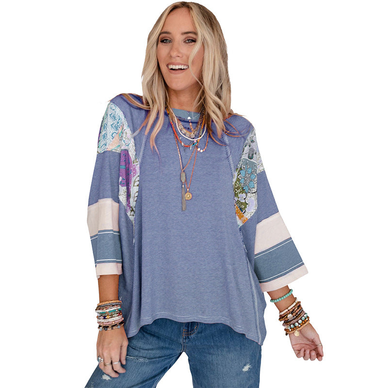 Blusa patchwork ligera con mangas murciélago para mujer, moderna y versátil para primavera o verano