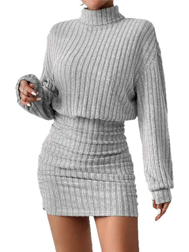 Vestido de punto acanalado con cuello alto y mangas largas para mujer, ajustado y sofisticado para cualquier ocasión