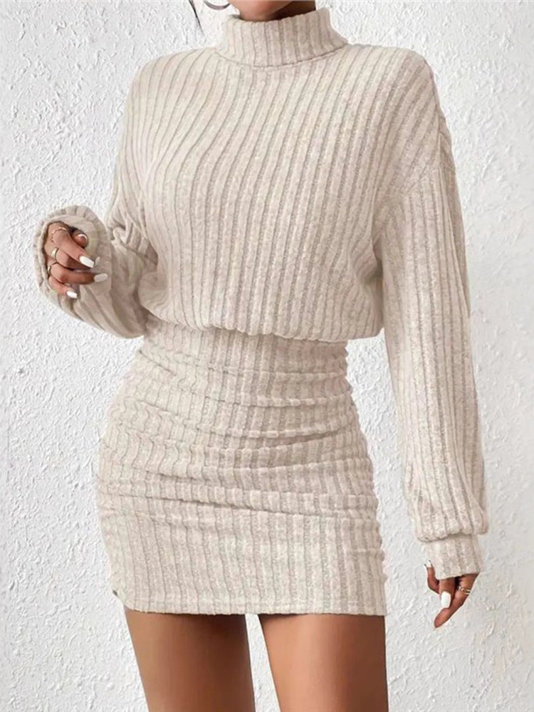 Vestido de punto acanalado con cuello alto y mangas largas para mujer, ajustado y sofisticado para cualquier ocasión