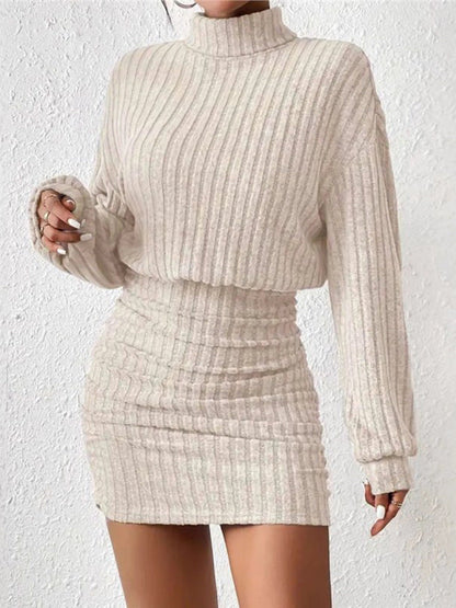 Vestido de punto acanalado con cuello alto y mangas largas para mujer, ajustado y sofisticado para cualquier ocasión
