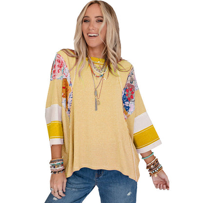 Blusa patchwork ligera con mangas murciélago para mujer, moderna y versátil para primavera o verano