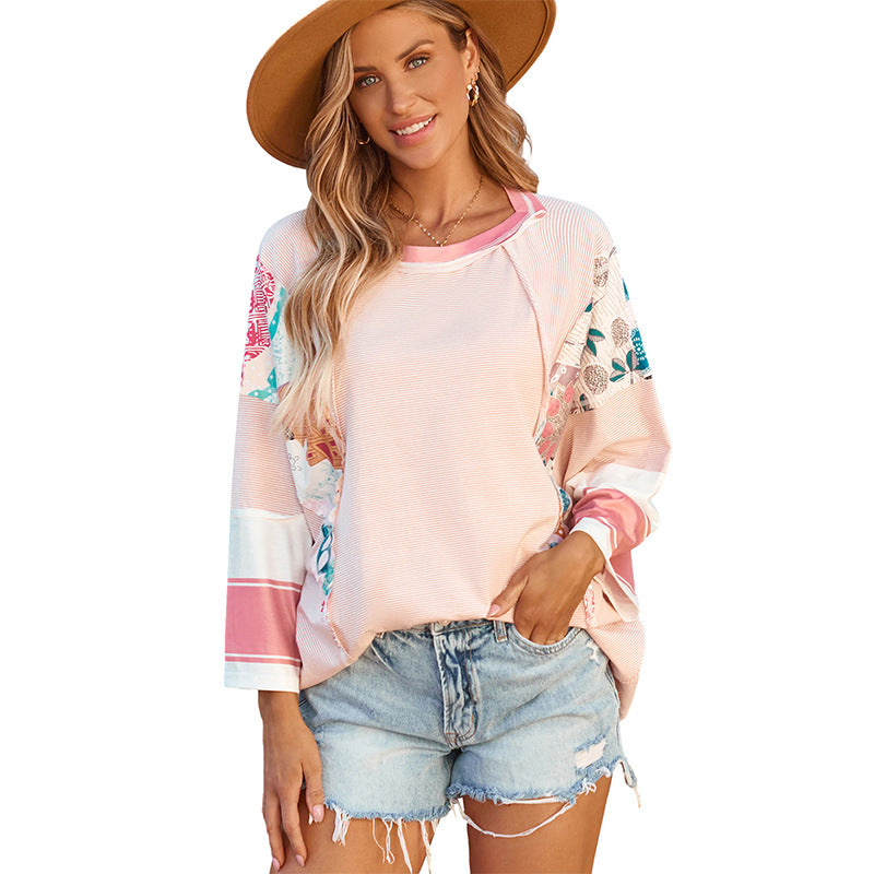 Blusa patchwork ligera con mangas murciélago para mujer, moderna y versátil para primavera o verano
