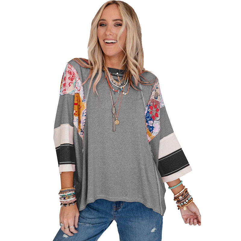 Blusa patchwork ligera con mangas murciélago para mujer, moderna y versátil para primavera o verano