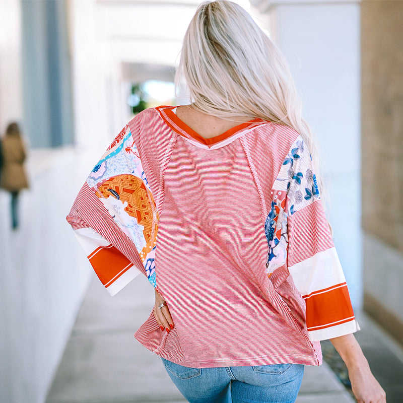 Blusa patchwork ligera con mangas murciélago para mujer, moderna y versátil para primavera o verano