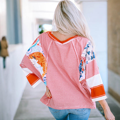 Blusa patchwork ligera con mangas murciélago para mujer, moderna y versátil para primavera o verano