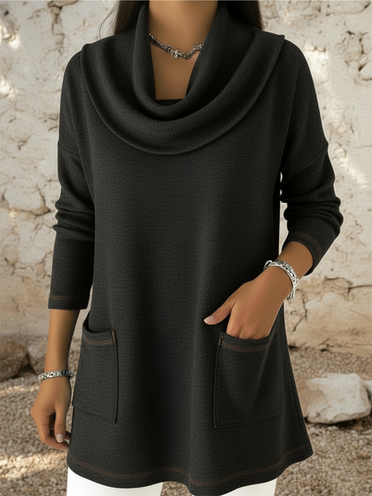 Jersey para mujer con cuello alto tipo col y bolsillos frontales, cálido y cómodo para diario