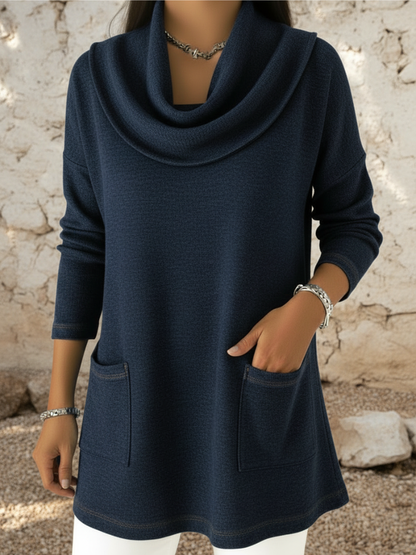 Jersey para mujer con cuello alto tipo col y bolsillos frontales, cálido y cómodo para diario