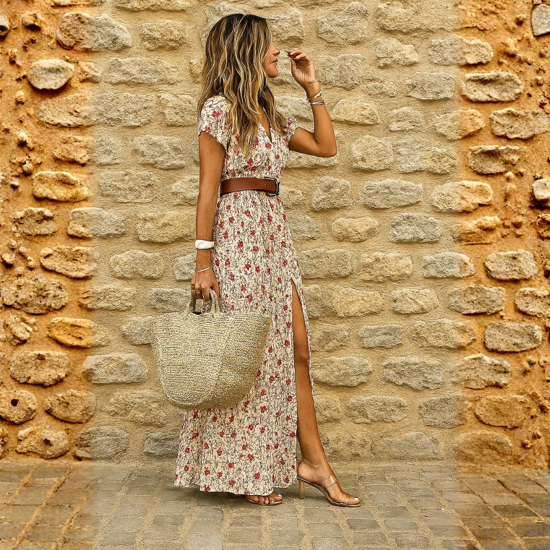 Vestido largo bohemio y vaporoso con cinturón