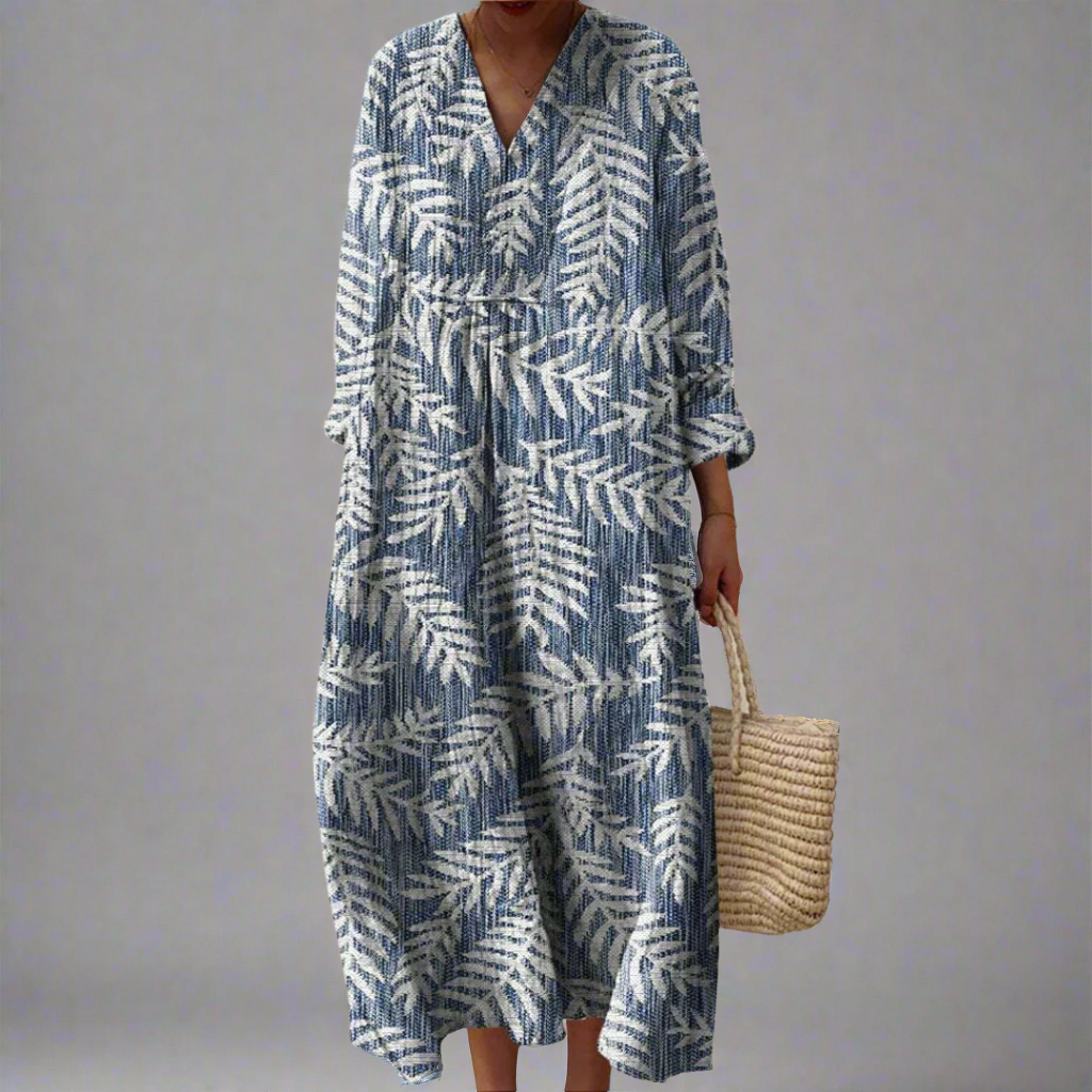 Vestido largo fluido con estampado vegetal para mujer, fresco y elegante para primavera y verano