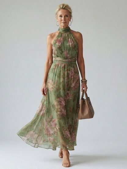 Vestido Midi con Cuello Halter y Estampado Floral | Diseño Recogido