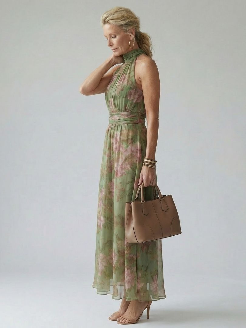 Vestido Midi con Cuello Halter y Estampado Floral | Diseño Recogido