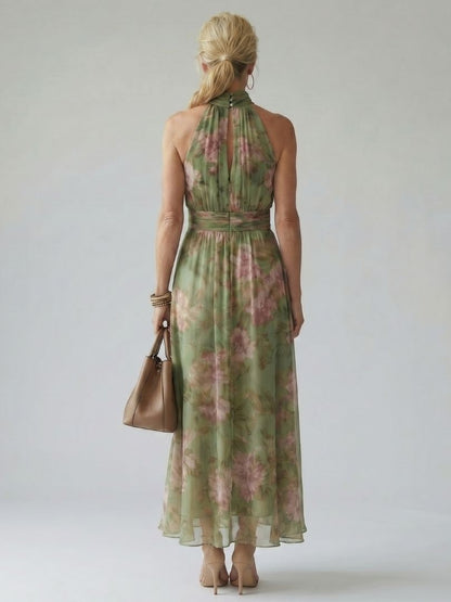 Vestido Midi con Cuello Halter y Estampado Floral | Diseño Recogido