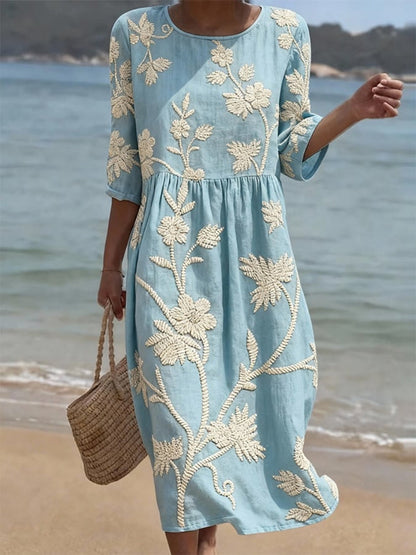 Valentina | Vestido Midi Fluido con Bordados Florales para Mujer de Vintage Elegante