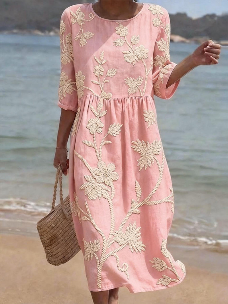 Valentina | Vestido Midi Fluido con Bordados Florales para Mujer de Vintage Elegante