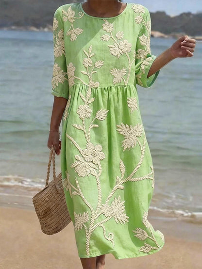 Valentina | Vestido Midi Fluido con Bordados Florales para Mujer de Vintage Elegante