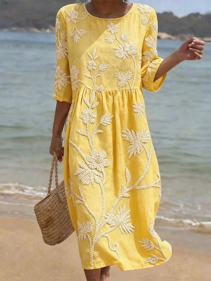 Valentina | Vestido Midi Fluido con Bordados Florales para Mujer de Vintage Elegante