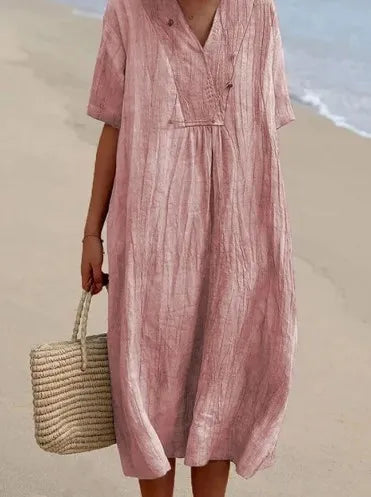 Vestido Informal con Textura de Lino y Escote en Pico | Estilo Relajado