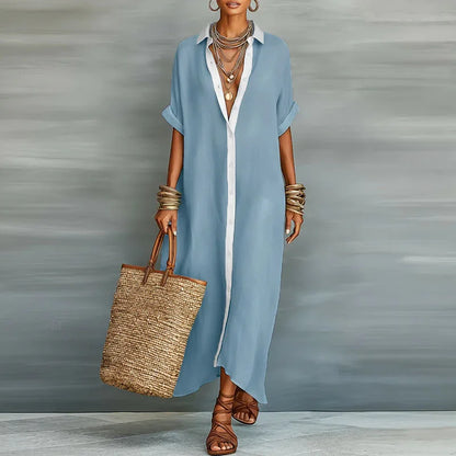 Vestido camisa largo de lino fresco para mujer - verano elegante