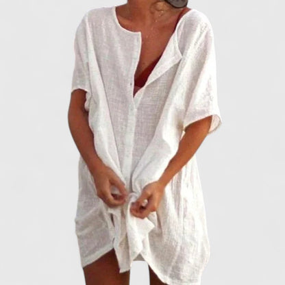 Vestido túnica elegante de algodón con escote en V profundo y corte suelto para mujer