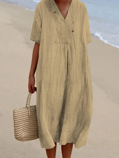 Vestido Informal con Textura de Lino y Escote en Pico | Estilo Relajado