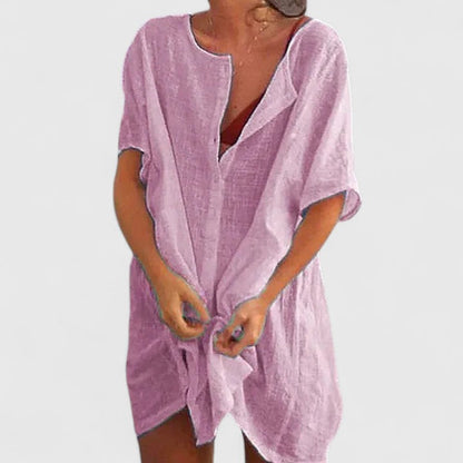 Vestido túnica elegante de algodón con escote en V profundo y corte suelto para mujer