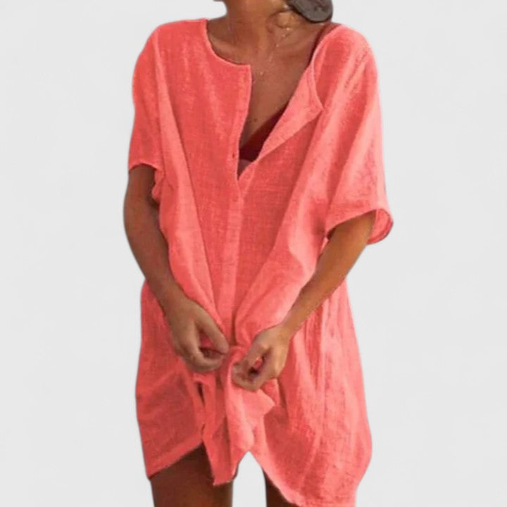 Vestido túnica elegante de algodón con escote en V profundo y corte suelto para mujer