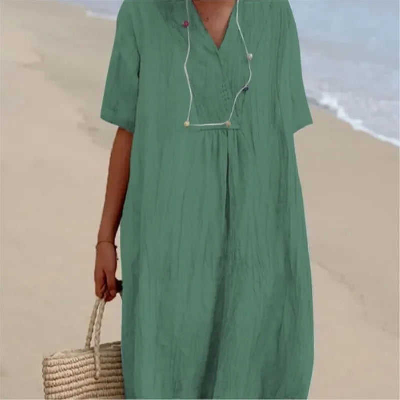Vestido Informal con Textura de Lino y Escote en Pico | Estilo Relajado