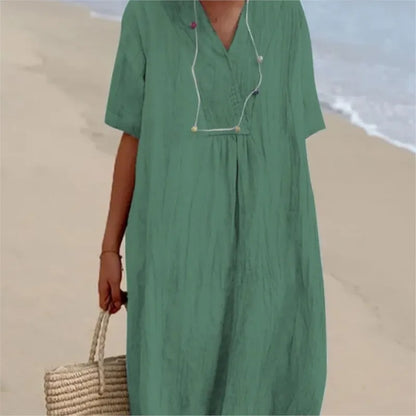 Vestido Informal con Textura de Lino y Escote en Pico | Estilo Relajado