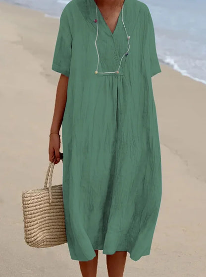Vestido Informal con Textura de Lino y Escote en Pico | Estilo Relajado