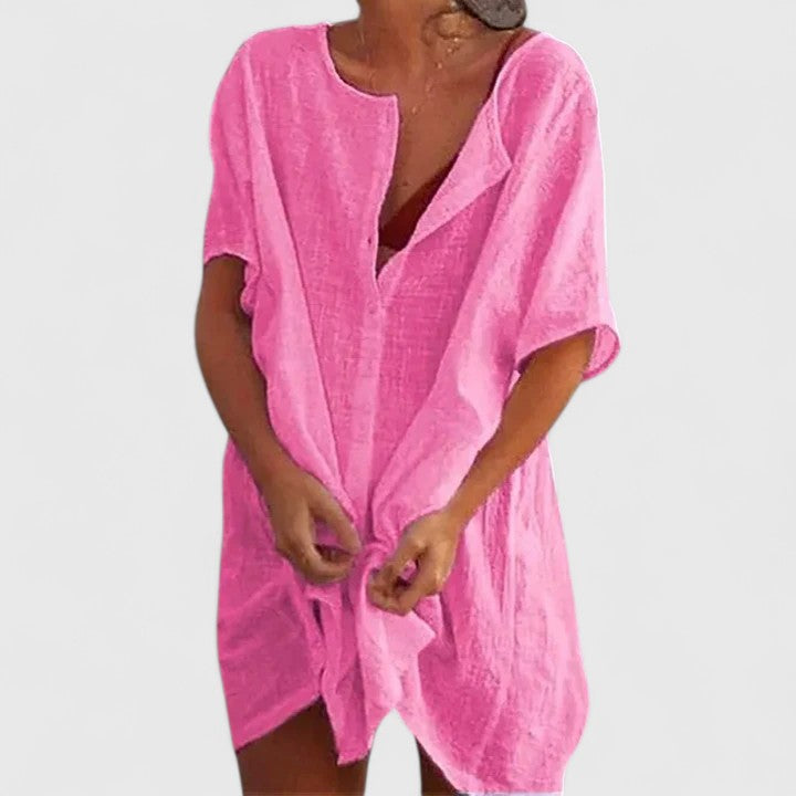 Vestido túnica elegante de algodón con escote en V profundo y corte suelto para mujer