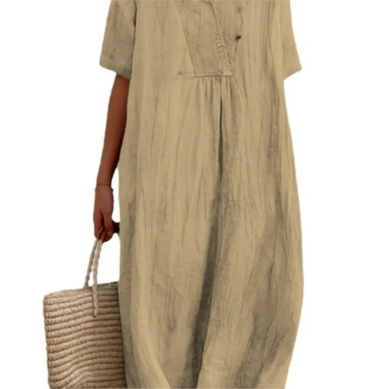 Vestido Informal con Textura de Lino y Escote en Pico | Estilo Relajado