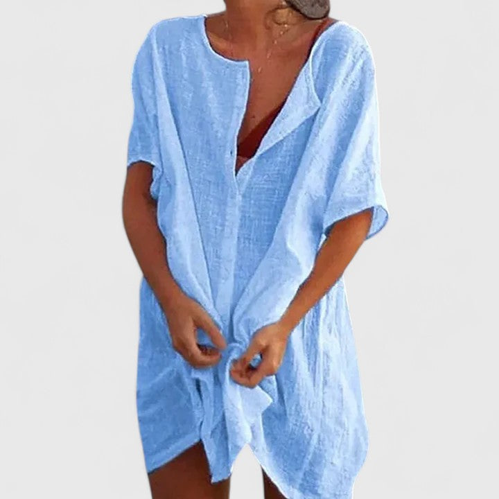 Vestido túnica elegante de algodón con escote en V profundo y corte suelto para mujer