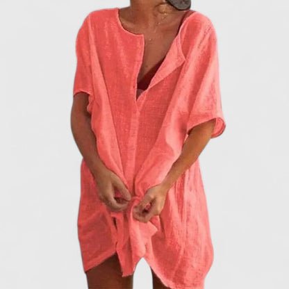 Vestido túnica elegante de algodón con escote en V profundo y corte suelto para mujer