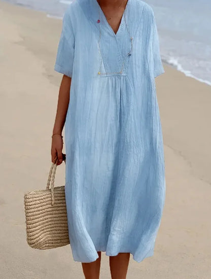 Vestido Informal con Textura de Lino y Escote en Pico | Estilo Relajado