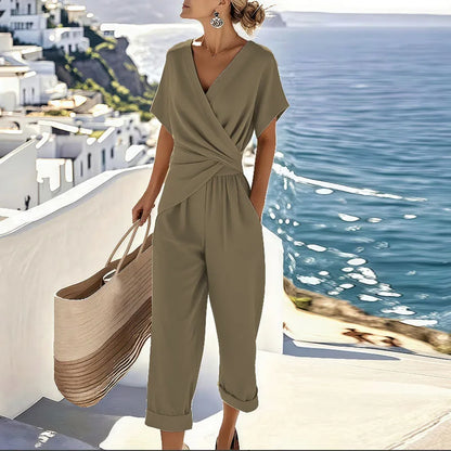 Set femenino de dos piezas con blusa elegante y pantalón de pierna ancha para mujer, cómodo y versátil para diario