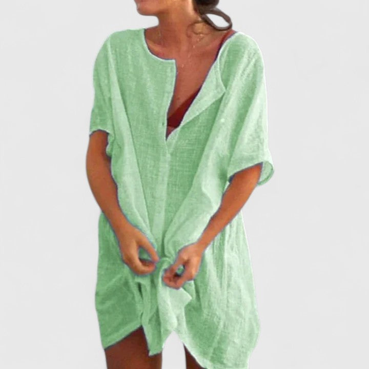 Vestido túnica elegante de algodón con escote en V profundo y corte suelto para mujer