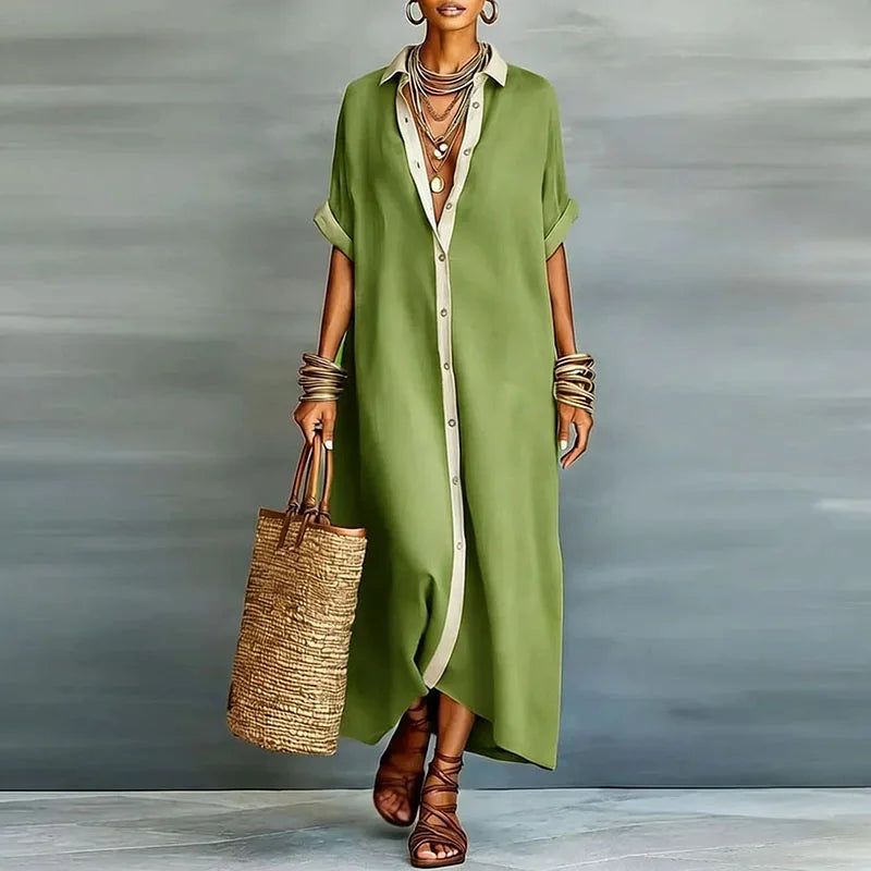 Vestido camisa largo de lino fresco para mujer - verano elegante