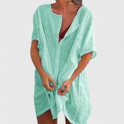 Vestido túnica elegante de algodón con escote en V profundo y corte suelto para mujer