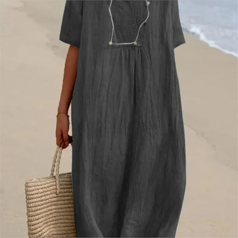 Vestido Informal con Textura de Lino y Escote en Pico | Estilo Relajado
