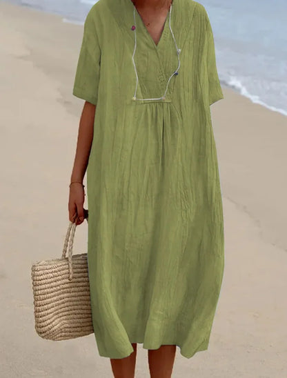 Vestido Informal con Textura de Lino y Escote en Pico | Estilo Relajado