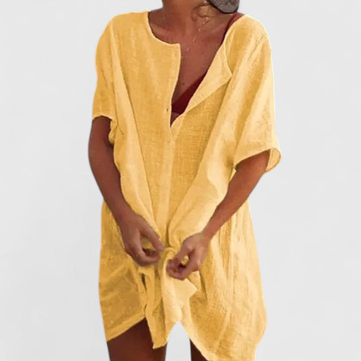 Vestido túnica elegante de algodón con escote en V profundo y corte suelto para mujer