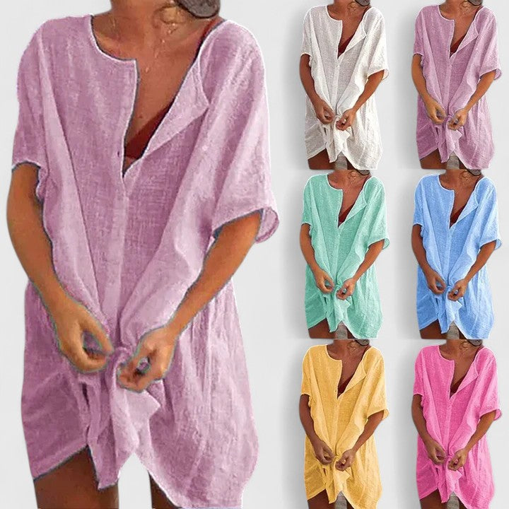 Vestido túnica elegante de algodón con escote en V profundo y corte suelto para mujer